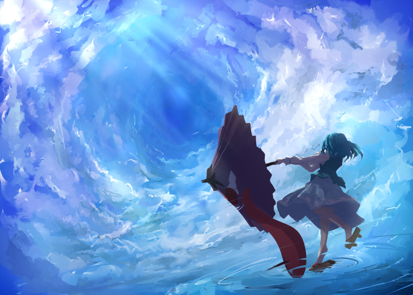 1girl absurdres blue_hair clouds from_behind geta highres one-eyed purple_umbrella short_hair skirt sky solo standing standing_on_liquid standing_on_one_leg tatara_kogasa tongue tongue_out touhou umbrella ushitsuchi water