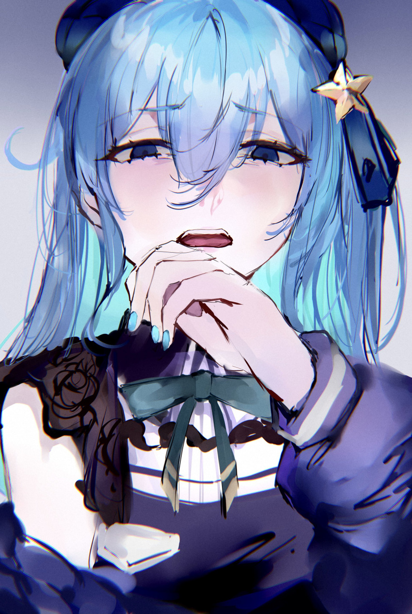 1girl absurdres blue_eyes blue_hair blue_headwear blue_nails blue_ribbon colored_inner_hair disgust dress fingernails grey_background hair_between_eyes hair_ornament hair_ribbon hand_up hat highres hololive hoshimachi_suisei long_sleeves looking_at_viewer mile_(off8mile) multicolored_hair nail_polish neck_ribbon open_mouth purple_dress ribbon solo star_(symbol) star_hair_ornament