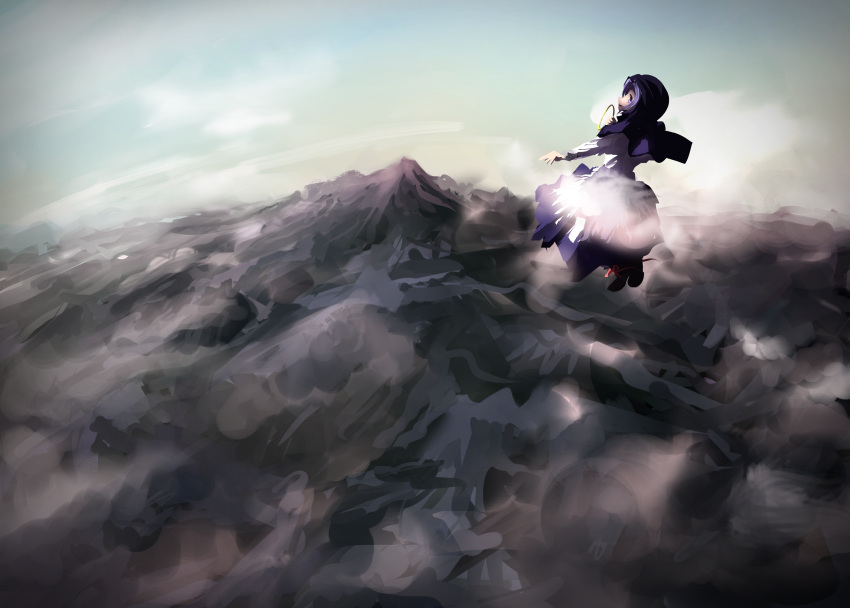 1girl absurdres blue_hair blue_headwear clouds floating highres hood kumoi_ichirin looking_back mountain skirt sky solo touhou ushitsuchi