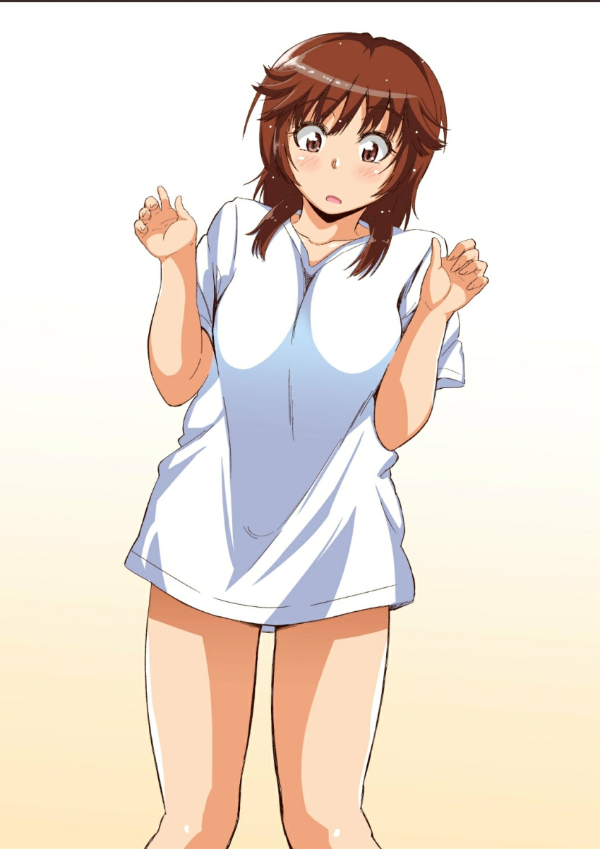 1girl amagami bangs blush breasts brown_eyes brown_hair embarrassed eyebrows_visible_through_hair highres jishaku_(user_rcuz2843) large_breasts looking_down open_mouth sakurai_rihoko shirt short_hair short_sleeves solo standing white_shirt