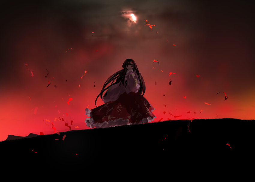 1girl absurdres black_hair covering_mouth highres houraisan_kaguya long_hair long_skirt looking_at_viewer red_background red_skirt skirt solo standing touhou ushitsuchi wind