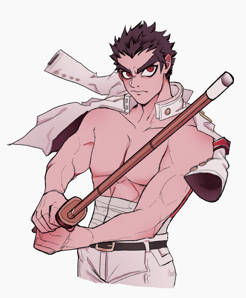 1boy bandages bangs belt black_belt black_hair closed_mouth collarbone commentary cropped_legs danganronpa:_trigger_happy_havoc danganronpa_(series) english_commentary grey_jacket grey_pants highres holding holding_weapon ishimaru_kiyotaka jacket jacket_on_shoulders male_focus open_clothes open_jacket pants plumbytes_tobey red_eyes short_hair sleeve_garter solo weapon weapon_request