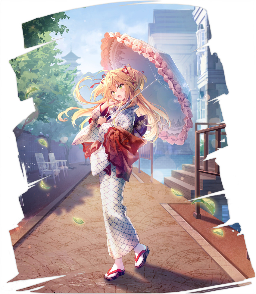 1girl admiral_hipper_(azur_lane) admiral_hipper_(sunshine_by_the_hot_spring)_(azur_lane) azur_lane blonde_hair chair day green_eyes hair_ribbon highres holding holding_umbrella japanese_clothes kimono leaf light_blush long_hair official_art open_mouth outdoors parasol red_ribbon ribbon riichu sandals see-through socks solo stairs standing tabi transparent_background tree two_side_up umbrella white_legwear wind zouri