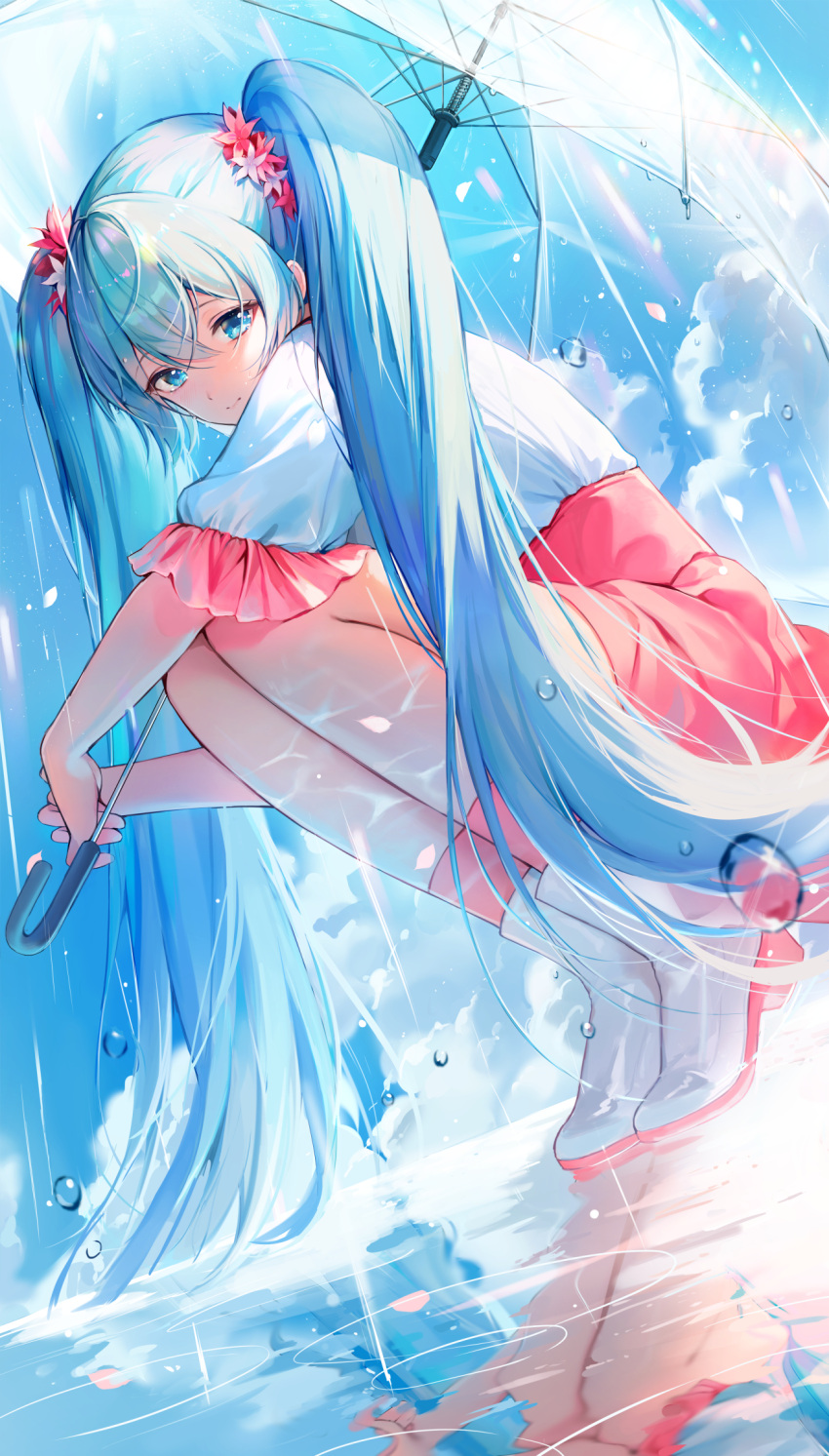 1girl bangs blue_eyes blue_hair boots commentary_request day eso_(toory) eyebrows_visible_through_hair flower full_body hair_between_eyes hair_flower hair_ornament hatsune_miku highres holding holding_umbrella long_hair looking_at_viewer melt_(vocaloid) pink_legwear pink_skirt rain red_flower reflection reflective_floor shirt skirt sky socks solo squatting transparent transparent_umbrella twintails umbrella very_long_hair vocaloid white_footwear white_shirt