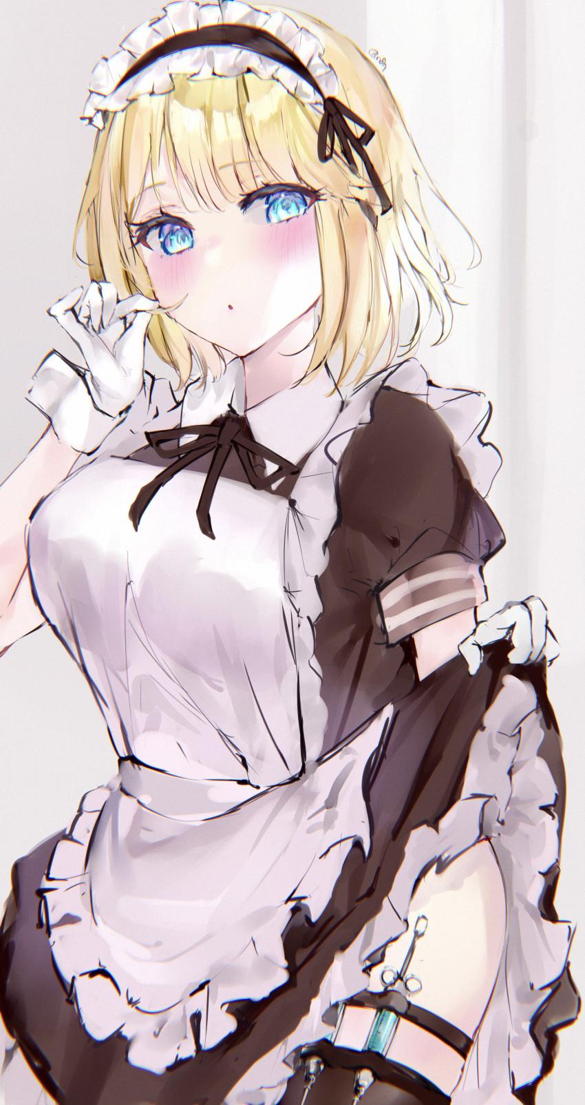 1girl absurdres apron blonde_hair blue_eyes blush brown_dress brown_ribbon clothes_lift cowboy_shot dress dress_lift eyebrows_visible_through_hair gloves hair_ribbon hair_twirling hand_up highres hololive hololive_english looking_at_viewer medium_hair mile_(off8mile) neck_ribbon parted_lips ribbon solo syringe thigh_strap watson_amelia white_apron white_gloves wrist_cuffs