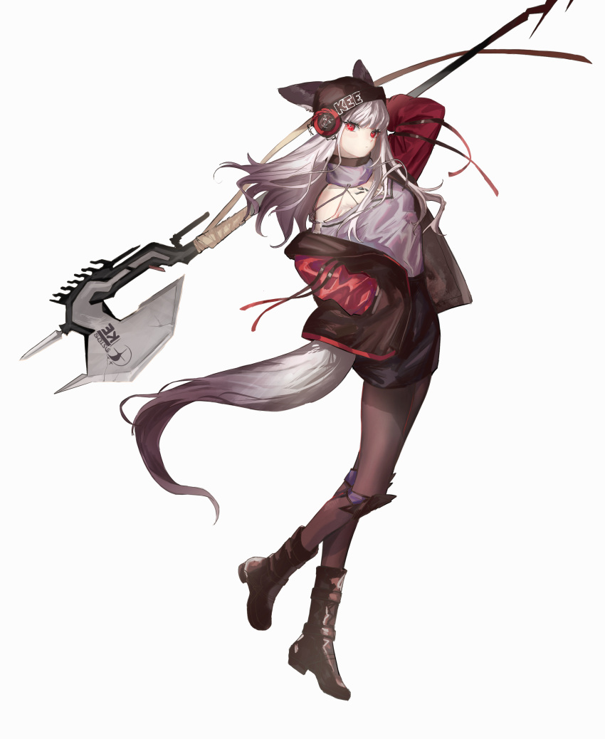 1girl absurdres animal_ears arknights arm_over_head axe bangs beanie black_legwear black_skirt boots coat commentary_request detached_collar detached_sleeves ears_through_headwear fox_ears fox_girl fox_tail frostleaf_(arknights) full_body grey_hair grey_shirt hand_in_pocket hat highres holding holding_axe holding_polearm holding_weapon long_hair long_sleeves looking_at_viewer miniskirt off-shoulder_shirt off_shoulder oripathy_lesion_(arknights) oversized_clothes pantyhose polearm red_coat red_eyes sawatani_(_swt2) shirt simple_background skirt solo tail weapon white_background wind wind_lift