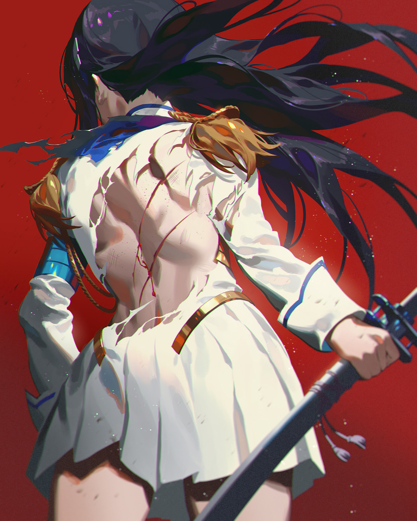 1girl armband back bangs black_hair blood_on_back cowboy_shot epaulettes fajyobore floating_hair from_behind highres holding holding_sword holding_weapon junketsu kill_la_kill kiryuuin_satsuki living_clothes long_hair long_sleeves miniskirt pleated_skirt red_background scratches simple_background skirt solo standing sword thighs torn_clothes weapon white_skirt