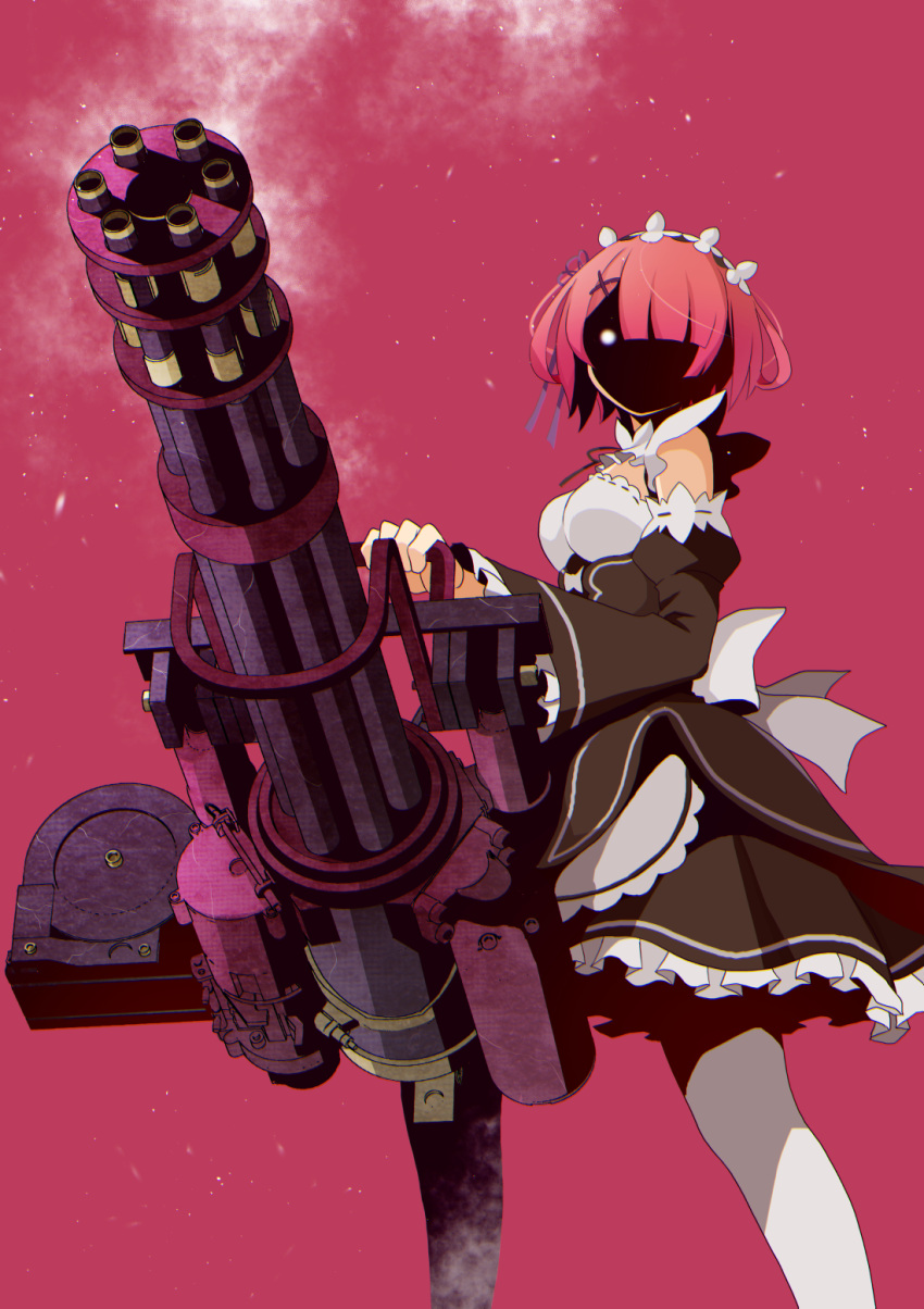 1girl apron back_bow bangs black_ribbon black_skirt black_sleeves blunt_bangs bow detached_collar detached_sleeves flower frilled_skirt frills gun hair_flower hair_ornament hair_over_one_eye hair_ribbon head_wreath highres holding holding_weapon long_sleeves machine_gun miniskirt neck_ribbon pantyhose pink_background pink_hair purple_ribbon ram_(re:zero) re:zero_kara_hajimeru_isekai_seikatsu ribbon ribbon-trimmed_sleeves ribbon_trim roswaal_mansion_maid_uniform short_hair skirt solo waist_apron weapon white_apron white_bow white_flower white_legwear x_hair_ornament yasehattagi