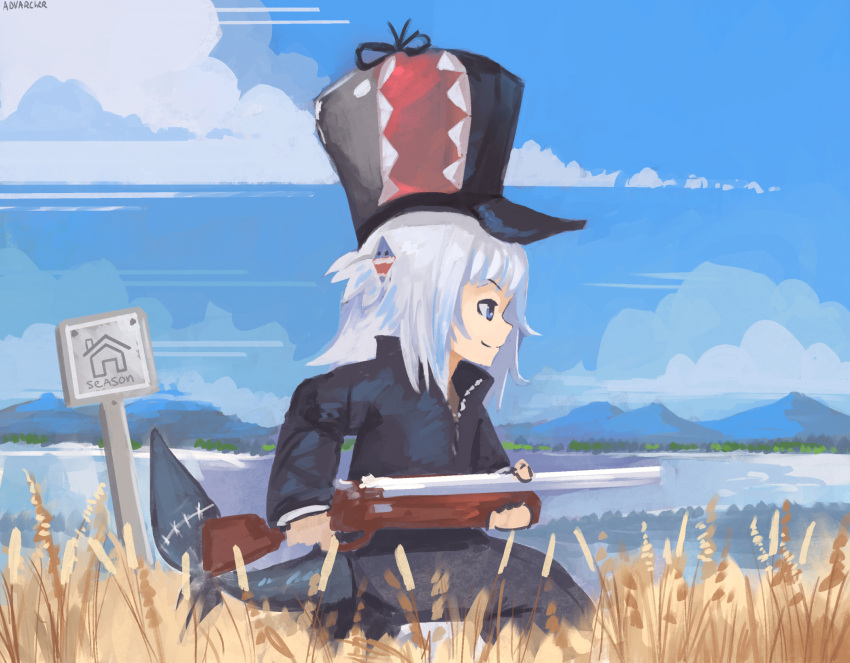 adapted_costume alternate_costume anonamos bangs blue_eyes blue_hair blue_headwear blue_jacket blue_sky blunt_bangs clouds cloudy_sky commentary cosplay double-barreled_shotgun elmer_fudd elmer_fudd_(cosplay) english_commentary fish_tail from_side fur_hat gawr_gura grey_headwear gun hair_ornament hat highres holding holding_weapon hololive hololive_english horizon jacket lake long_sleeves looney_tunes mountainous_horizon multicolored_hair outdoors painterly parody profile red_headwear shark_hair_ornament shark_tail shotgun sign signature sky smile streaked_hair tail two_side_up ushanka virtual_youtuber weapon wheat_field