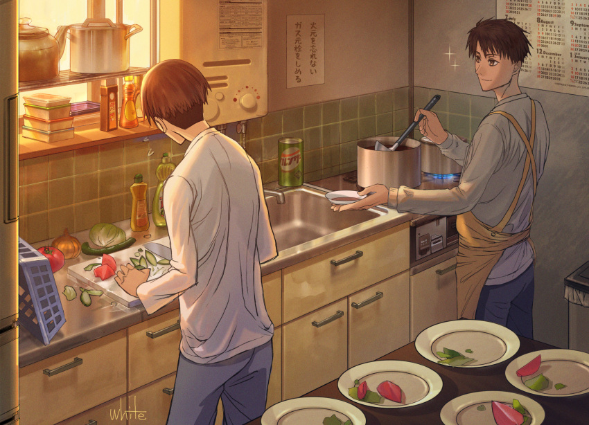 2boys apron artist_name basket black_hair brown_eyes brown_hair calendar_(object) cooking cooking_oil cucumber cutting_board drawer haiji_kiyose highres indoors kaze_ga_tsuyoku_fuiteiru kettle knife kurahara_kakeru ladle male_focus multiple_boys onion pants plate pot shirt sink sparkle standing stove table tomato trash_can white50080909 white_shirt