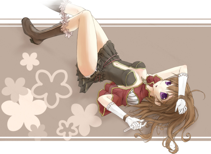 1girl arm_above_head ayasa bangs boots breasts brown_dress brown_footwear brown_hair cape commentary_request creator_(ragnarok_online) dress full_body fur-trimmed_footwear gloves hair_between_eyes holding large_breasts long_hair looking_at_viewer lying navel on_back open_mouth panties ragnarok_online red_cape short_dress solo strapless strapless_dress underwear vial violet_eyes white_gloves white_panties