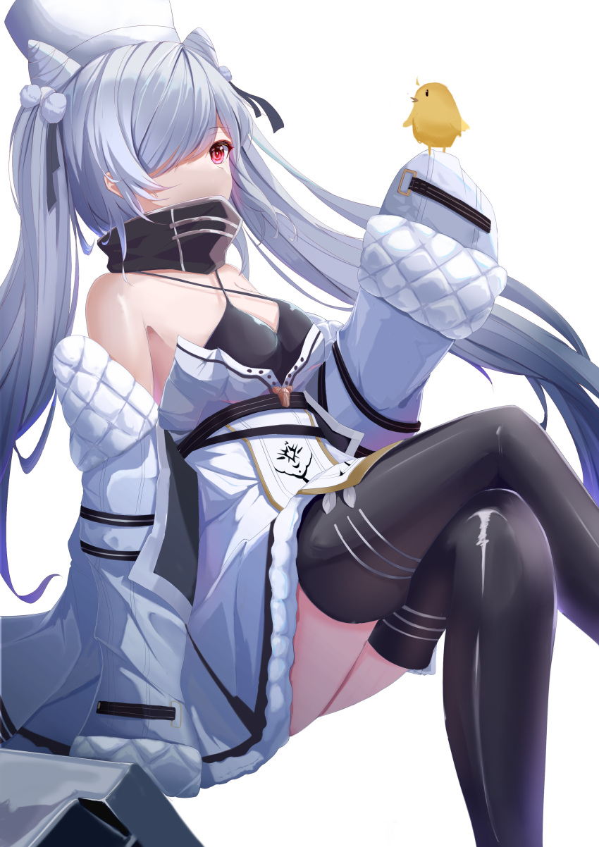 1girl absurdres azur_lane bare_shoulders black_footwear boots breasts coat_dress criss-cross_halter crossed_legs dress from_side fur-trimmed_dress fur_trim hair_cones hair_ornament hair_over_one_eye halterneck high_collar highres kiev_(azur_lane) manjuu_(azur_lane) one_eye_covered pom_pom_(clothes) pom_pom_hair_ornament simple_background sitting small_breasts solo thigh-highs thigh_boots tnan twintails very_long_sleeves white_background white_hair