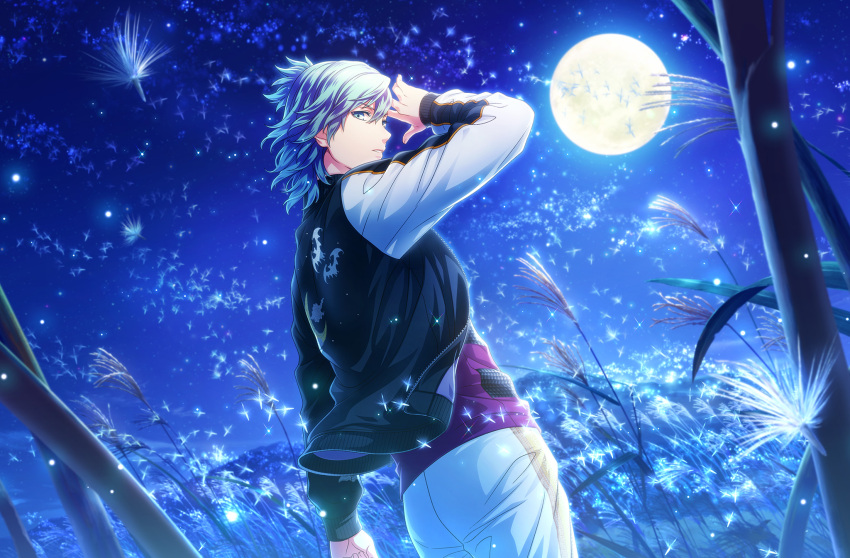 1boy animal_print bangs bat_print black_jacket blue_eyes blue_hair cowboy_shot crescent_print dutch_angle earrings field from_behind full_moon game_cg hair_between_eyes hand_up high_ponytail highres jacket jewelry light_particles looking_at_viewer looking_back male_focus medium_hair mikaze_ai moon multicolored_clothes multicolored_jacket night night_sky official_art open_hand pants parted_lips purple_shirt reeds shirt short_ponytail sky solo standing tassel tassel_earrings third-party_source two-tone_jacket uta_no_prince-sama uta_no_prince-sama:_shining_live v-shaped_eyebrows white_pants wind zipper
