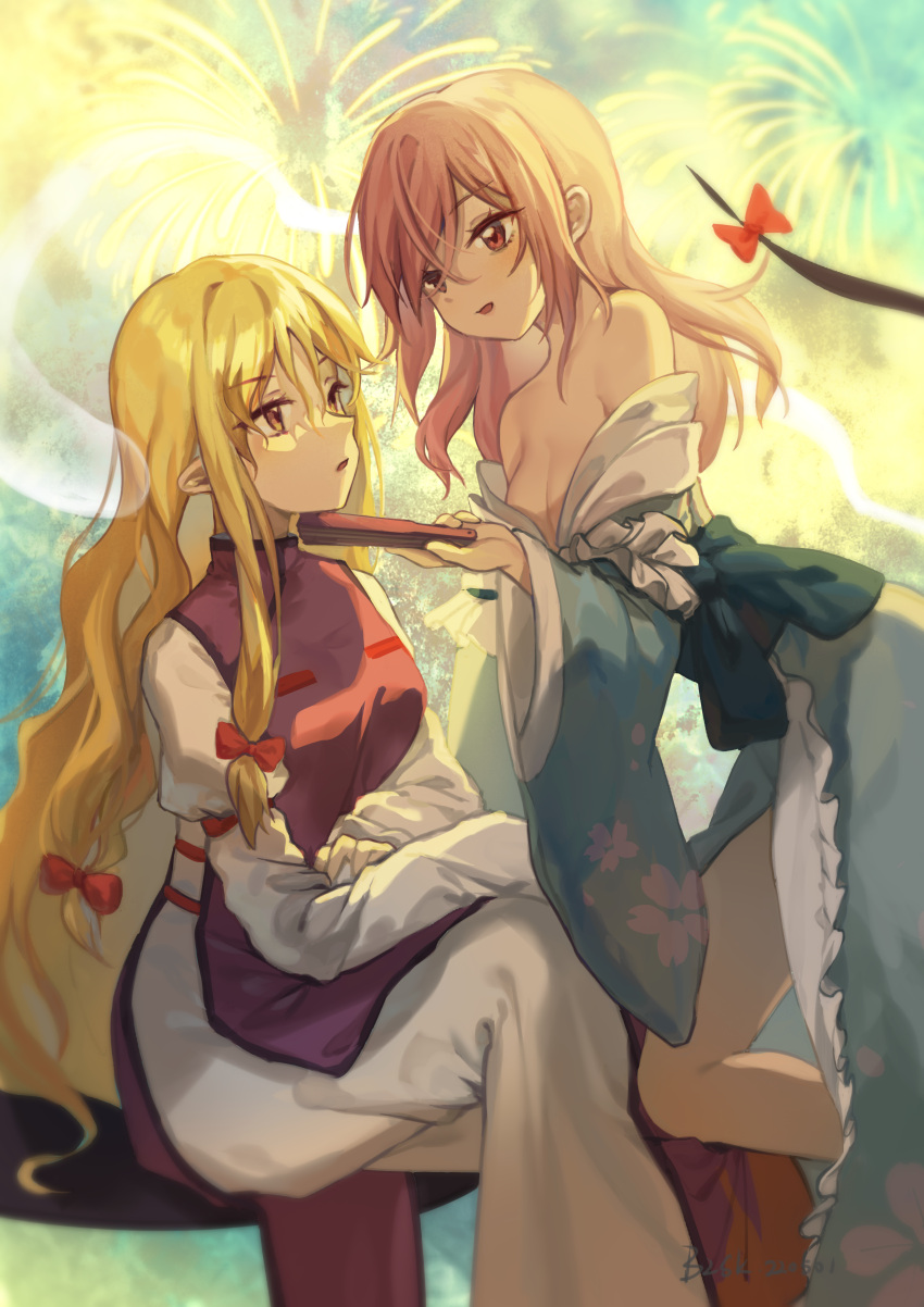 2girls absurdres bangs baozishark bare_shoulders blonde_hair blue_kimono bow cherry_blossoms highres japanese_clothes kimono long_sleeves multiple_girls obi pink_hair red_bow red_eyes saigyouji_yuyuko sash sitting smile touhou yakumo_yukari yellow_eyes yuri