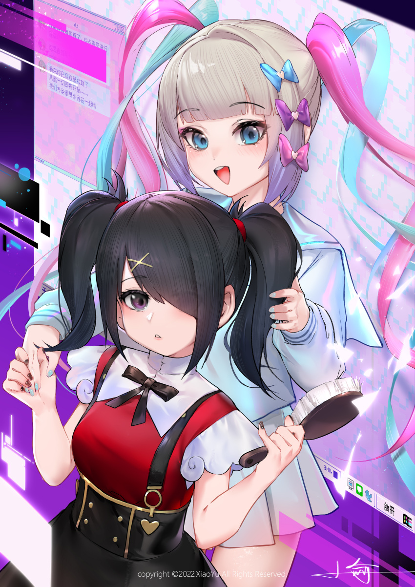 2girls :d absurdres ame-chan_(needy_girl_overdose) bangs black_hair black_nails black_skirt blue_bow blue_eyes blue_hair blue_nails blush bow brown_hair chouzetsusaikawa_tenshi-chan commentary_request eyebrows_visible_through_hair hair_bow hair_brush hair_ornament hair_over_one_eye heart highres holding holding_brush holographic_monitor long_hair long_sleeves multiple_girls nail_polish needy_girl_overdose parted_lips pink_bow pink_hair pleated_skirt puffy_long_sleeves puffy_sleeves purple_bow red_shirt sailor_collar school_uniform serafuku shirt signature skirt smile standing suspender_skirt suspenders teeth translation_request twintails upper_teeth very_long_hair violet_eyes white_sailor_collar white_serafuku white_shirt white_skirt x_hair_ornament xiaoyu