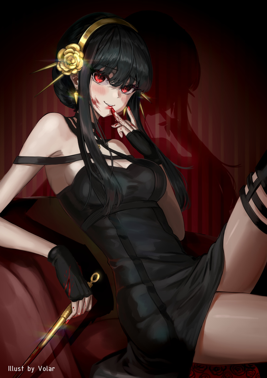 1girl absurdres bangs bare_shoulders black_dress black_gloves black_hair black_legwear blood blood_on_face blood_on_hands blood_on_weapon blush breasts dagger dress earrings elbow_rest eyebrows_visible_through_hair fingerless_gloves floral_print gloves gold_earrings gold_hairband hair_between_eyes hand_up highres holding holding_dagger holding_weapon jewelry knee_up knife long_hair looking_at_viewer medium_breasts red_eyes red_nails rose_hair_ornament rose_print shadow sidelocks sitting solo spikes spy_x_family thigh-highs thighs two-sided_dress volar_uwu weapon yor_briar