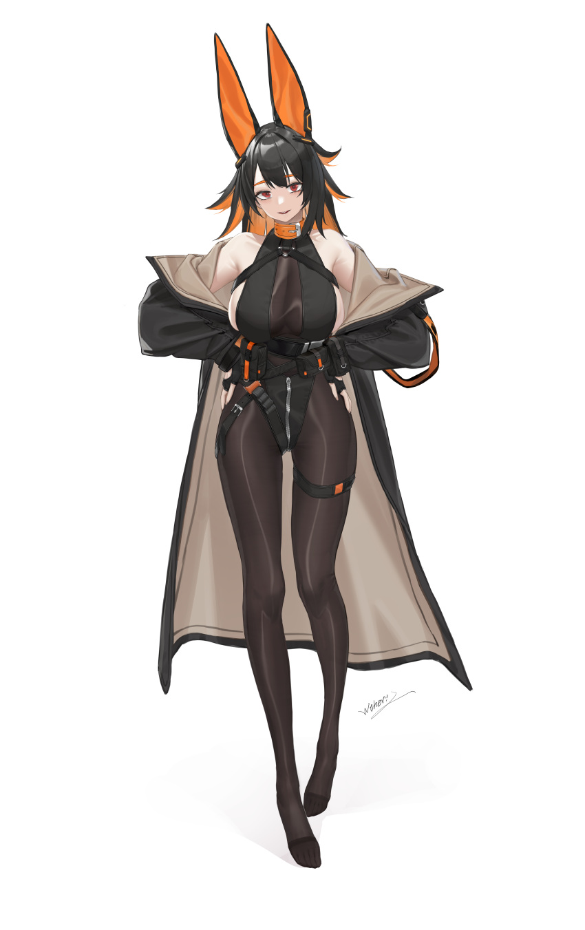 1girl absurdres animal_ears bare_shoulders black_jacket black_legwear breasts colored_inner_hair full_body hands_on_hips highres jacket large_breasts long_hair looking_at_viewer multicolored_hair open_mouth orange_hair original pantyhose red_eyes signature simple_background smile solo standing two-tone_hair white_background whter