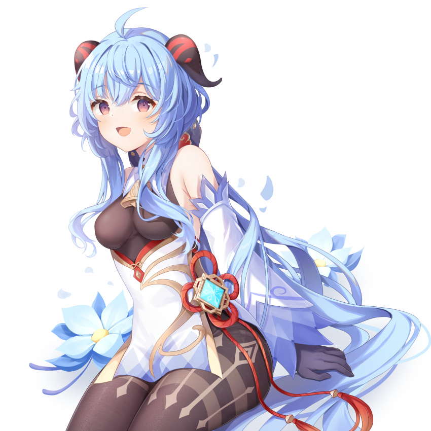 1girl absurdres ahoge bangs bare_shoulders bell black_gloves black_legwear blue_flower blue_hair blush breasts chinese_knot detached_sleeves eyebrows_visible_through_hair flower flower_knot ganyu_(genshin_impact) genshin_impact glaze_lily gloves gold_trim highres horns koki_(latte1023) long_hair looking_at_viewer medium_breasts neck_bell open_mouth red_rope rope sidelocks sitting smile solo tassel thighlet violet_eyes vision_(genshin_impact) white_background white_sleeves