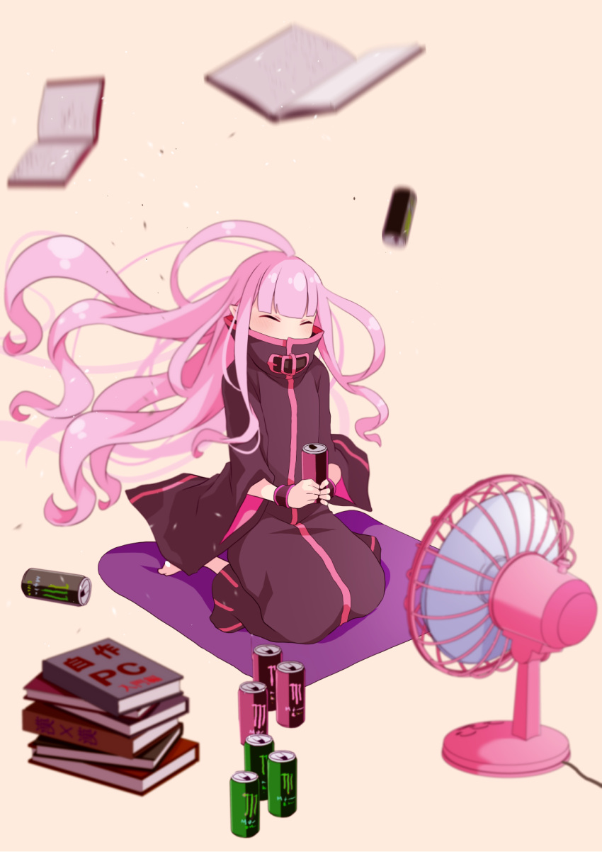 1girl black_coat book can closed_eyes coat floating_hair full_body highres holding holding_can kneeling long_hair motion_blur pink_background pink_hair pointy_ears re:zero_kara_hajimeru_isekai_seikatsu ryuzu_meyer shiny shiny_hair solo ventilator very_long_hair wristband yasehattagi