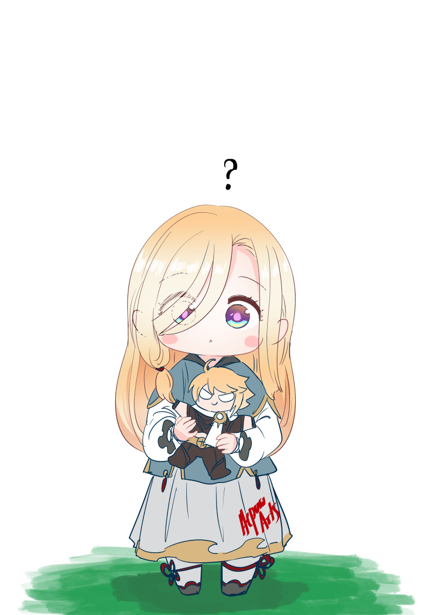 1girl ? absurdres aepuru_arts aether_(genshin_impact) blonde_hair blue_eyes blush_stickers chibi doll genshin_impact hair_over_one_eye highres if_they_mated spoken_question_mark white_background