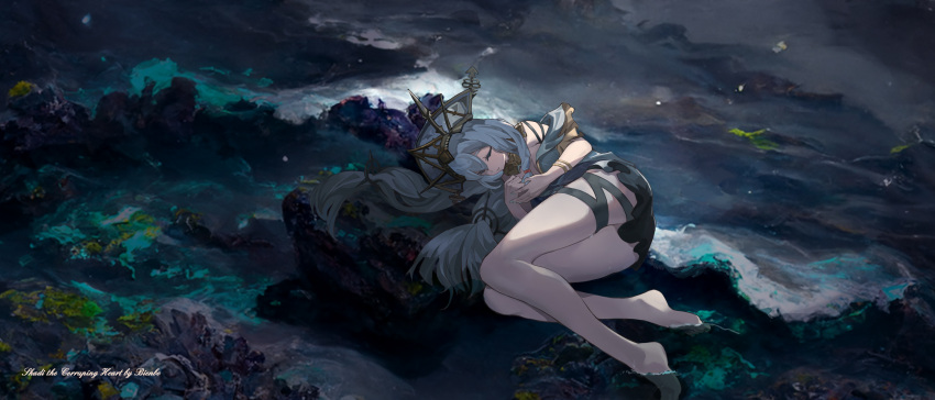 1girl absurdres aqua_nails arknights artist_name ass bangs bare_legs barefoot bien black_dress character_name closed_eyes closed_mouth detached_collar dress grey_dress grey_hair grey_headwear highres long_hair low-tied_long_hair lying nail_polish off-shoulder_dress off_shoulder official_alternate_costume on_side rock short_dress short_sleeves skadi_(arknights) skadi_the_corrupting_heart_(arknights) skadi_the_corrupting_heart_(sublimation)_(arknights) sleeping solo thigh_strap toenail_polish toenails very_long_hair water