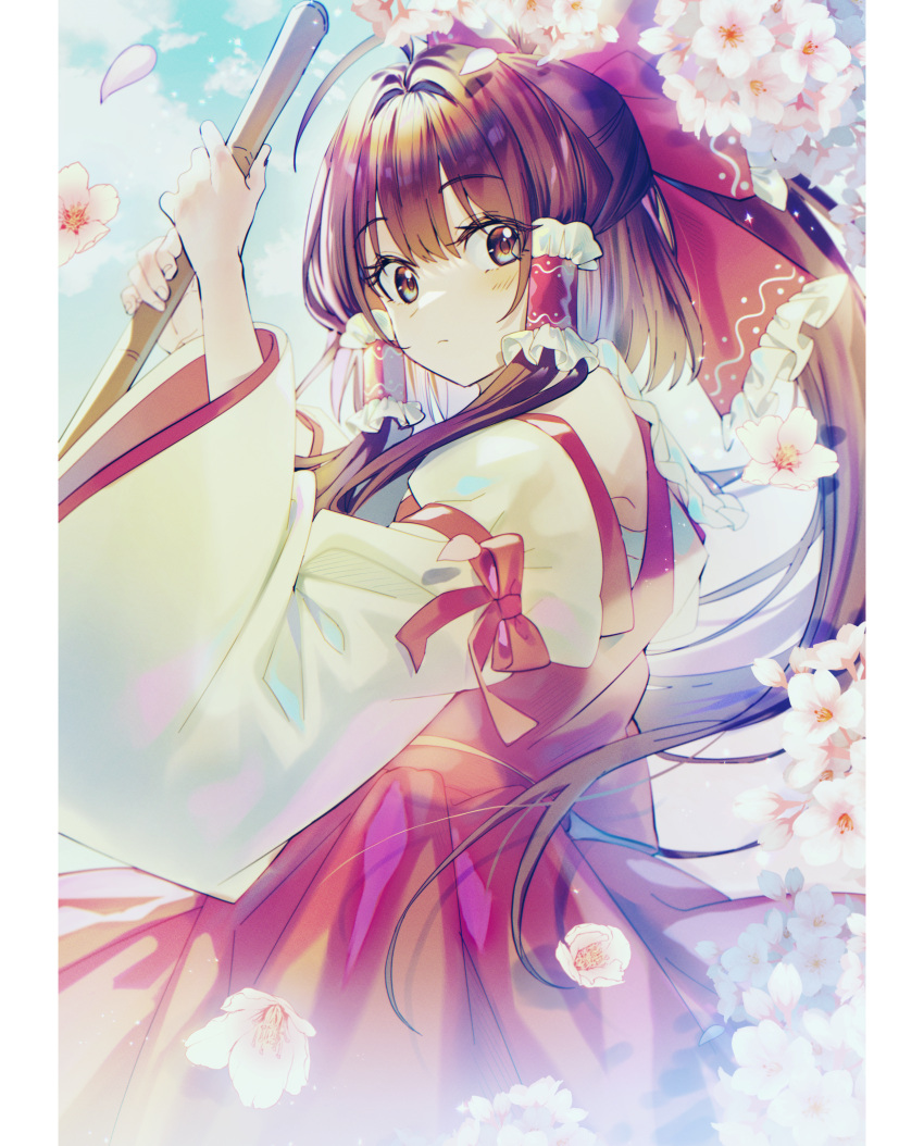 1girl :&lt; absurdres blush brown_hair clouds eyebrows eyebrows_visible_through_hair flower hakurei_reimu here_(hr_rz_ggg) highres holding japanese_clothes looking_to_the_side miko red_headwear red_ribbon ribbon sky solo touhou