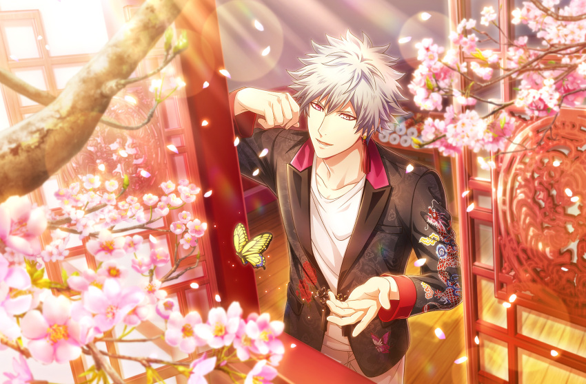 1boy :d animal_print architecture black_jacket blurry bug butterfly butterfly_print day depth_of_field dragon_print earrings east_asian_architecture embroidery falling_petals floral_print flower_knot from_above from_outside game_cg grey_eyes grey_hair hand_up heterochromia highres jacket jewelry kurosaki_ranmaru lens_flare light_particles looking_at_animal lower_teeth male_focus official_art open_window pants petals red_eyes scroll shadow shirt short_hair single_earring smile solo spiky_hair standing sunlight tassel tassel_earrings teeth third-party_source upper_body uta_no_prince-sama uta_no_prince-sama:_shining_live white_pants white_shirt window wooden_floor yellow_butterfly
