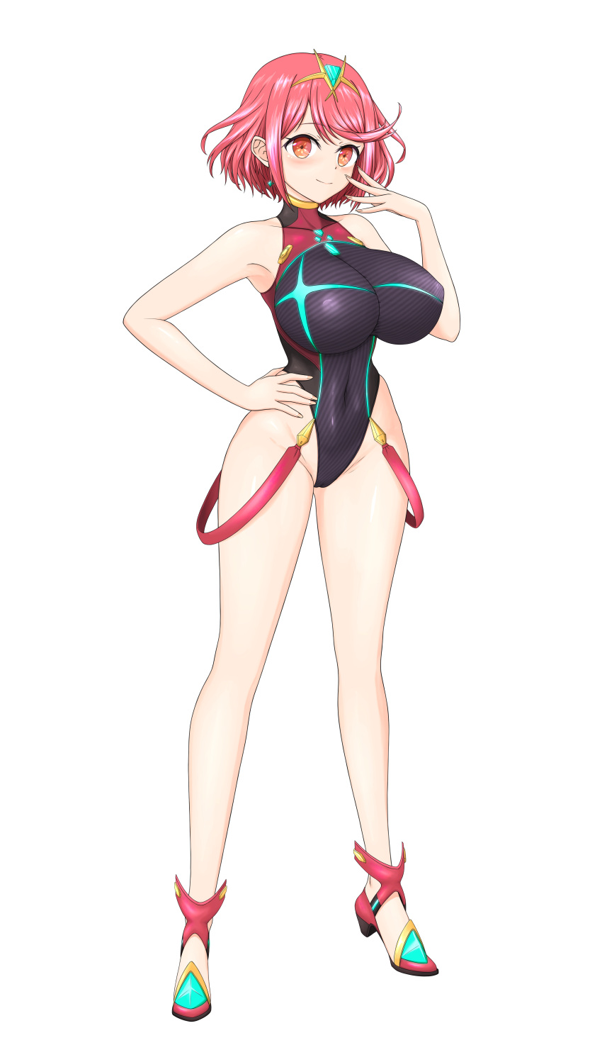 1girl absurdres bangs black_swimsuit breasts chest_jewel competition_swimsuit covered_collarbone covered_navel feichu_keju gem headpiece highres large_breasts one-piece_swimsuit paid_reward_available pyra_(pro_swimmer)_(xenoblade) pyra_(xenoblade) red_eyes red_swimsuit redhead ribbed_swimsuit short_hair solo strapless strapless_swimsuit striped striped_swimsuit swept_bangs swimsuit tiara two-tone_swimsuit vertical-striped_swimsuit vertical_stripes xenoblade_chronicles_(series) xenoblade_chronicles_2