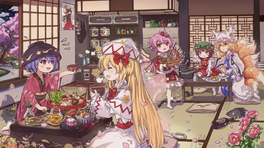 6+girls :3 :d :o =3 =_= animal_ears animal_print bangs beard bird bird_ears bird_print bird_wings blonde_hair blue_tabard blush blush_stickers boat_(tableware) bottle bow bowl bowl_hat bowtie bread_bun brown_eyes brown_hair capelet cat_ears chen cherry_blossoms chinese_commentary clouds commentary_request cup drawer dress drooling eyebrows_visible_through_hair facial_hair fairy_wings fish_skeleton flower food fox_ears fox_tail frilled_sleeves frills fruit frying_pan fur-trimmed_dress fur-trimmed_sleeves fur_trim gap_(touhou) garlic gohei green_headwear green_tea hair_bow hair_flower hair_ornament hakurei_reimu hand_fan hat highres holding holding_bowl hotpot indoors japanese_clothes kettle kimono kitsune kotatsu kyuubi lettuce lily_white liquid long_hair long_sleeves miracle_mallet mob_cap mochi multiple_girls multiple_tails mystia_lorelei needle nekomata nero_augustus26 noodles obi orange_(fruit) orange_slice pantyhose petals petticoat pillow pink_flower pink_hair pink_kimono pink_rose plate pudding puffy_long_sleeves puffy_sleeves purple_hair ramen red_bow red_eyes red_ribbon red_skirt red_vest ribbon rose sash seiza shirt short_hair shrimp sitting skewer skirt skirt_set sky smile socks sparrow spill star_(sky) starry_sky stone_lantern sukuna_shinmyoumaru sushi sweatdrop table tail tatami tea teapot tofu touhou tree twitter_username two_tails vase vest waist_bow white_capelet white_dress white_headwear white_legwear white_shirt wide_sleeves window wings yakumo_ran yakumo_yukari yellow_eyes