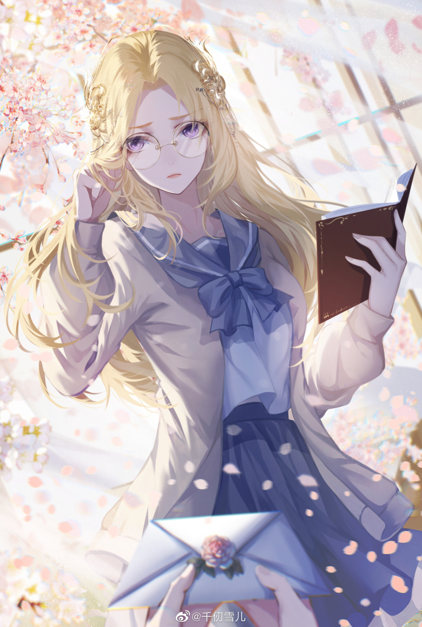 1girl absurdres adjusting_eyewear blonde_hair book branch curtains douluo_dalu frown glasses hair_ornament highres letter long_hair petals proposal qian_renxue_(douluo_dalu) qian_renxue_er solo window