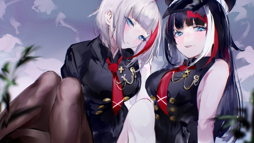 2girls azur_lane bare_shoulders black_hair black_jacket black_shirt blue_eyes buttons character_request collared_shirt double-breasted fishnet_legwear fishnets hat highres jacket long_hair looking_at_viewer mile_(off8mile) multicolored_hair multiple_girls necktie pantyhose parted_lips red_necktie shirt sitting sleeveless sleeveless_shirt smile streaked_hair unmoving_pattern white_hair wing_collar