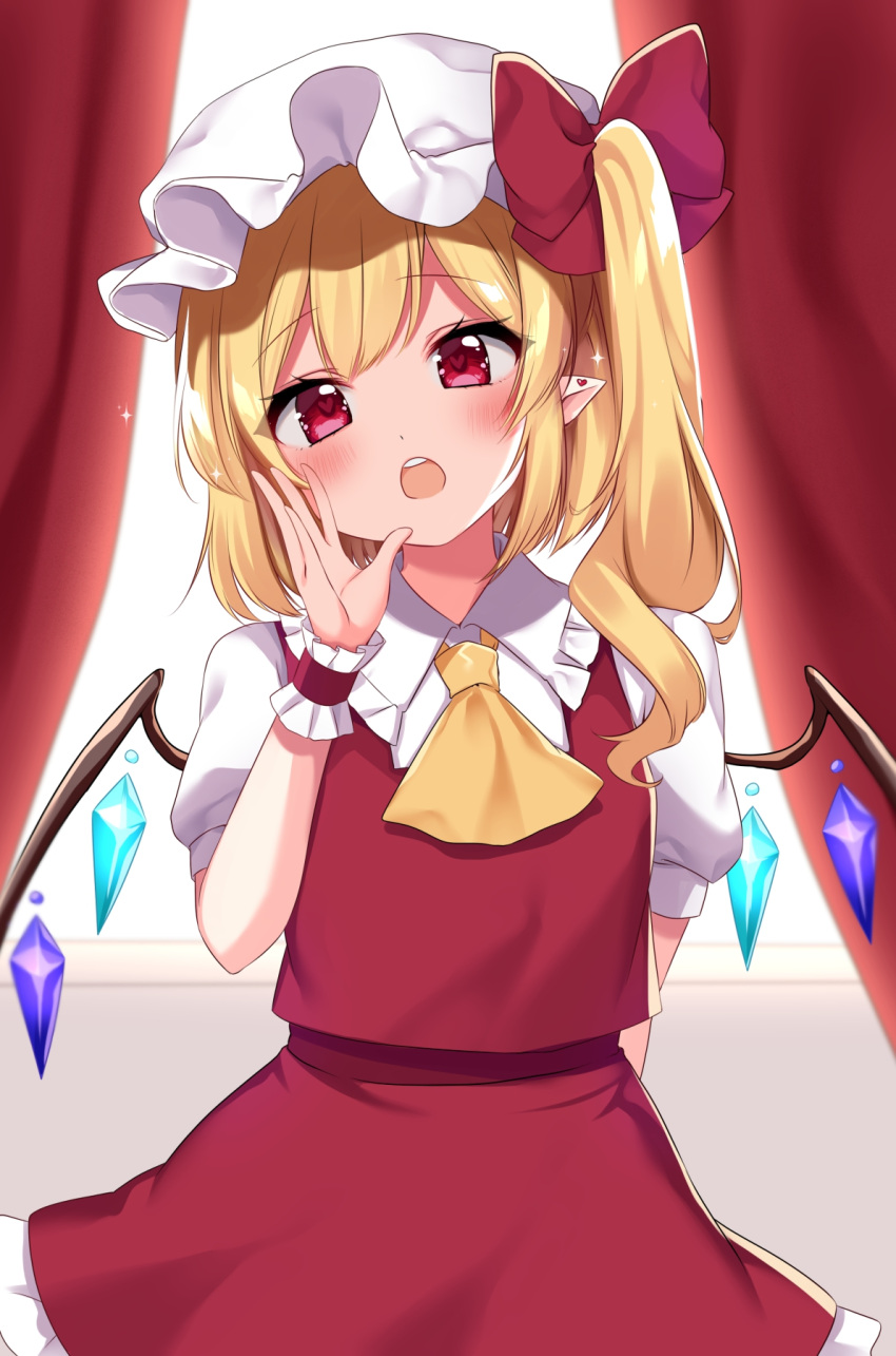 1girl ascot backlighting bangs blonde_hair blush bow breasts collared_shirt commentary_request crystal curtains dress earrings eyebrows_visible_through_hair eyelashes eyes_visible_through_hair flandre_scarlet frills hair_between_eyes hair_bow hand_up hat heart heart-shaped_pupils heart_earrings highres indoors jewelry light looking_away medium_breasts mob_cap multicolored_wings one_side_up open_mouth pointy_ears puffy_short_sleeves puffy_sleeves red_bow red_eyes red_skirt red_vest shinonome_asu shirt short_hair short_sleeves skirt solo sparkle standing star_(symbol) symbol-shaped_pupils teeth touhou vest wall white_dress white_shirt window wings wrist_cuffs yellow_ascot