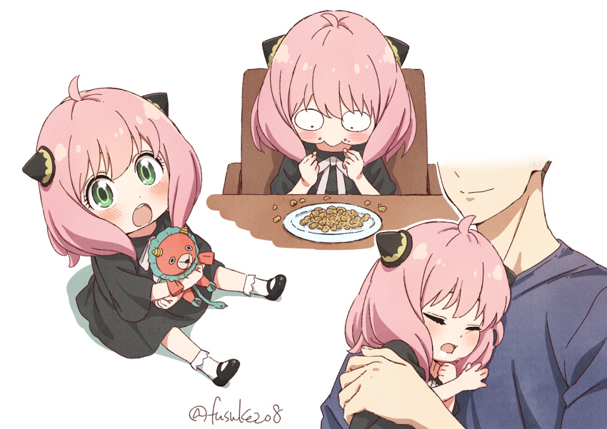 1boy 1girl absurdres anya_(spy_x_family) black_dress black_footwear child dress eating food from_above full_body fuusuke_(fusuke208) green_eyes highres holding holding_stuffed_toy looking_at_viewer looking_up open_mouth pink_hair plate shoes short_hair simple_background sitting sleeping socks spy_x_family stuffed_toy twitter_username white_background