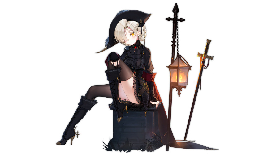 1girl ascot azur_lane black_ascot black_dress black_footwear black_nails boots braid breasts brown_legwear chain closed_mouth cross cross-laced_footwear cross_necklace dress hair_over_one_eye hand_on_own_knee hat high_heels highres jewelry knee_boots knee_up lace-up_boots lantern light_brown_hair looking_at_viewer maya_g necklace official_alternate_costume official_art one_eye_covered planted planted_sword sheffield_(azur_lane) sheffield_(bulletborne)_(azur_lane) short_hair simple_background sitting small_breasts solo stiletto_heels sword thigh-highs transparent_background weapon yellow_eyes