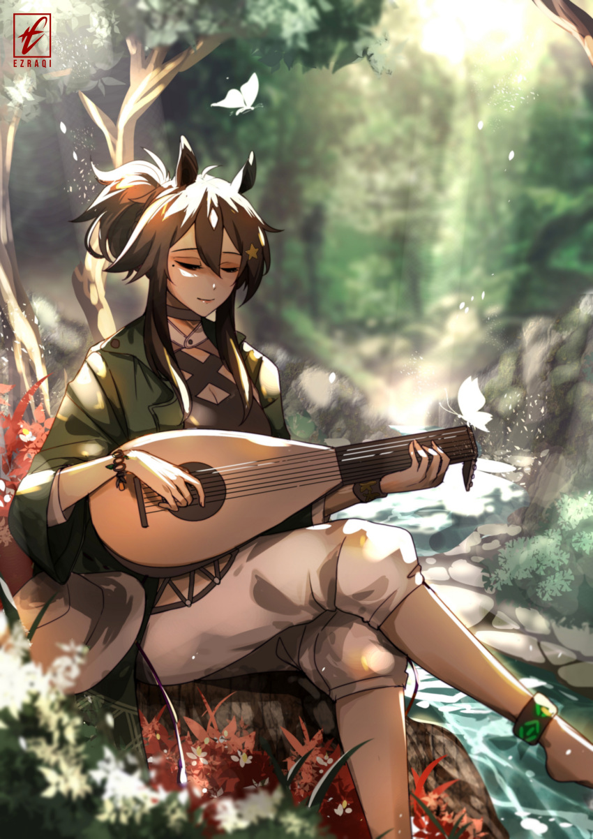 1girl absurdres animal_ears anklet arknights artist_name barefoot bracelet brown_hair bug butterfly closed_eyes closed_mouth crossed_legs dappled_sunlight day ezraqi forest green_jacket hair_ornament highres horse_ears infection_monitor_(arknights) instrument jacket jewelry light_rays long_hair long_sleeves meteor_(arknights) meteor_(bard's_holiday)_(arknights) mole mole_under_eye music nature official_alternate_costume open_clothes open_jacket outdoors pants playing_instrument ponytail sidelocks sitting smile solo star_(symbol) star_hair_ornament stream sunbeam sunlight tree water white_pants