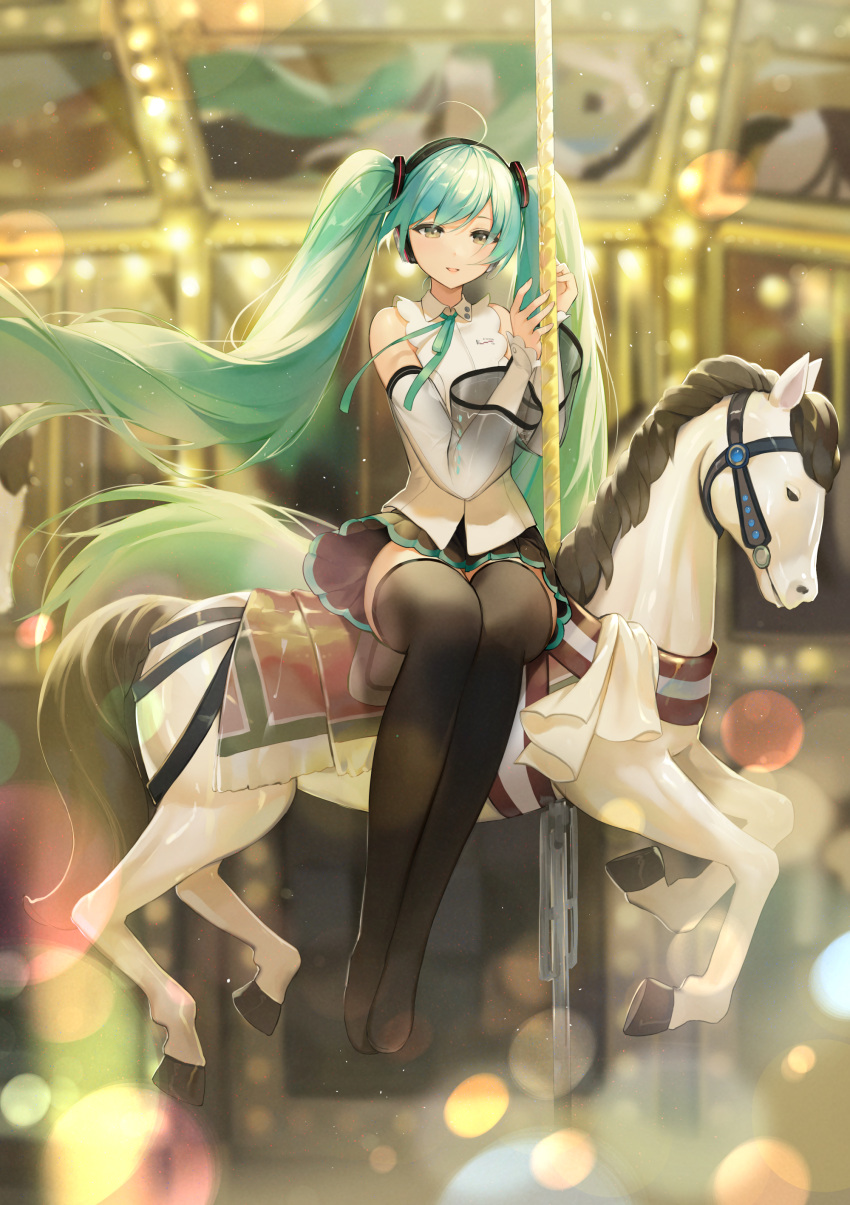 1girl absurdres ahoge aqua_hair aqua_ribbon bangs bare_shoulders black_legwear black_skirt blue_hair blurry blurry_background bokeh carousel commentary_request depth_of_field detached_sleeves eso_(toory) full_body hands_up hatsune_miku hatsune_miku_(nt) headphones highres long_hair long_sleeves looking_at_viewer miniskirt neck_ribbon parted_lips piapro pleated_skirt ribbon shirt sitting skirt solo thigh-highs twintails very_long_hair vocaloid white_shirt