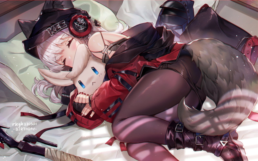 1girl animal_ears arknights bangs beanie bed birthday black_legwear black_skirt blue_eyes blush boots closed_mouth cushion detached_sleeves doctor_(arknights) dutch_angle ears_through_headwear fingerless_gloves fox_ears fox_girl fox_tail frostleaf_(arknights) gloves hat headphones highres hug light_particles long_hair long_sleeves miniskirt ninjinshiru off-shoulder_shirt off_shoulder on_bed oversized_clothes pantyhose rabbit red_nails shirt skirt sleeping solo stuffed_toy tail thighs weapon white_hair