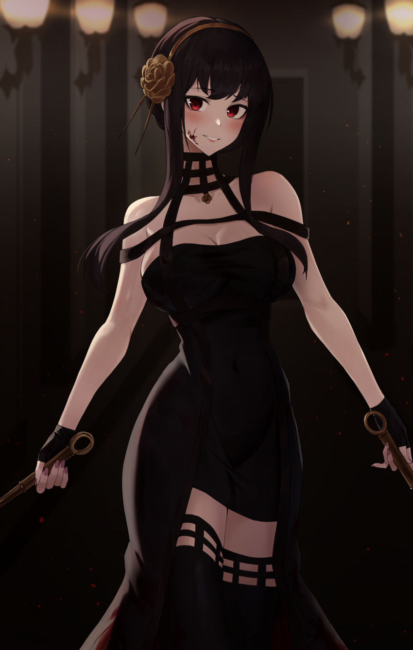 1girl angdo_(kakajo26) bare_shoulders black_dress black_hair black_legwear blood blood_on_clothes blood_on_face blush breasts covered_navel dress dual_wielding flower gold_hairband grin hair_flower hair_ornament hallway highres holding large_breasts red_eyes red_nails rose smile solo spikes spy_x_family standing thigh-highs yor_briar zettai_ryouiki