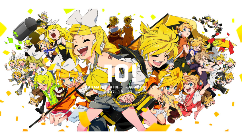 6+boys 6+girls aqua_eyes bass_clef blonde_hair blue_eyes border bow brother_and_sister character_request closed_eyes confetti detached_sleeves drawing_sword foreground_text hair_bow hair_ornament hairclip headset highres holding holding_hands holding_sword holding_weapon iihoneikotu kagamine_len kagamine_rin leg_warmers letterboxed multiple_boys multiple_girls multiple_persona necktie open_mouth sailor_collar shorts siblings smile sword treble_clef twins vocaloid weapon white_background white_border yellow_necktie