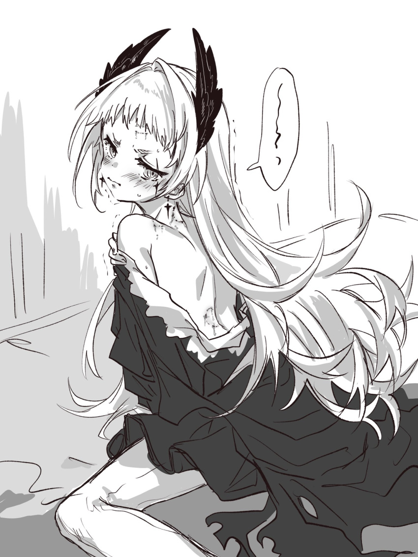 1girl an_fyhx arknights back bare_shoulders bite_mark blush closed_mouth from_behind greyscale hand_on_own_shoulder head_wings highres irene_(arknights) long_hair looking_at_viewer looking_back monochrome motion_lines off_shoulder pantyhose scar scar_across_eye scar_on_face sitting solo speech_bubble trembling very_long_hair