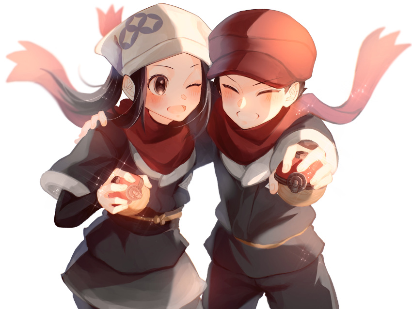 1boy 1girl :d akari_(pokemon) arm_around_shoulder black_hair black_legwear black_pants blush closed_eyes floating_scarf galaxy_expedition_team_survey_corps_uniform grin hat head_scarf highres holding holding_poke_ball long_hair looking_at_another obi one_eye_closed outstretched_arm pants pantyhose parted_lips poke_ball poke_ball_(legends) pokemon pokemon_(game) pokemon_legends:_arceus ponytail red_headwear red_scarf rei_(pokemon) sash scarf short_hair smile violet_(mesy4285) white_background white_headwear