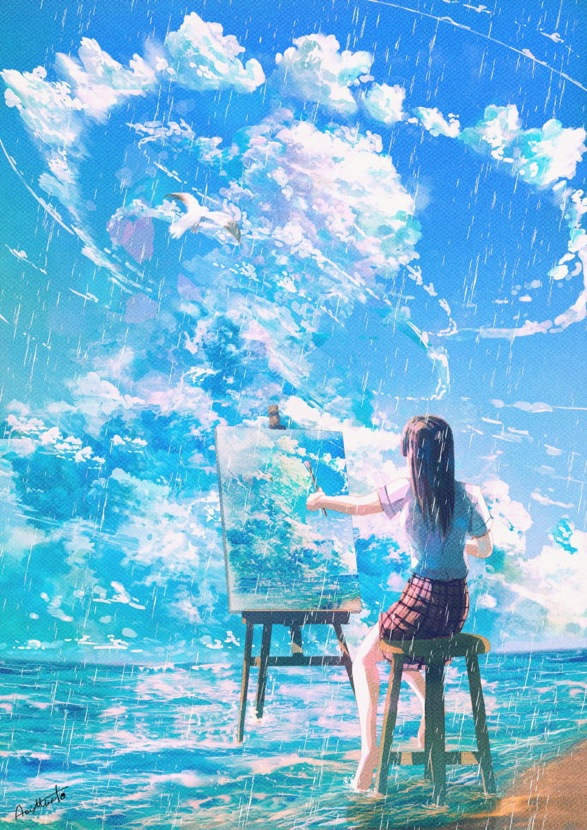 1girl artist_name bare_legs barefoot beach black_hair blue_sky blue_theme brown_skirt clouds cloudy_sky cumulonimbus_cloud day easel facing_away from_behind highres holding legs long_hair ocean original outdoors outstretched_arm paintbrush painting painting_(object) plaid plaid_skirt rain shirt signature sitting skirt sky solo stool sunlight white_bird white_shirt