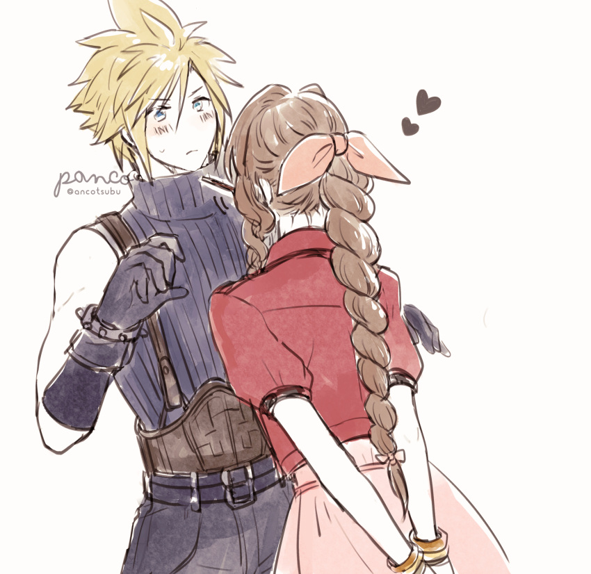 1boy 1girl aerith_gainsborough ancotsubu arms_behind_back belt blonde_hair blue_eyes blue_pants blue_shirt blush bracelet braid braided_ponytail brown_hair cloud_strife cropped_jacket dress final_fantasy final_fantasy_vii final_fantasy_vii_remake gloves hair_ribbon heart highres jacket jewelry leaning_forward multiple_belts pants pink_dress red_jacket ribbon shirt sidelocks sleeveless sleeveless_turtleneck spiky_hair suspenders sweatdrop turtleneck upper_body white_background