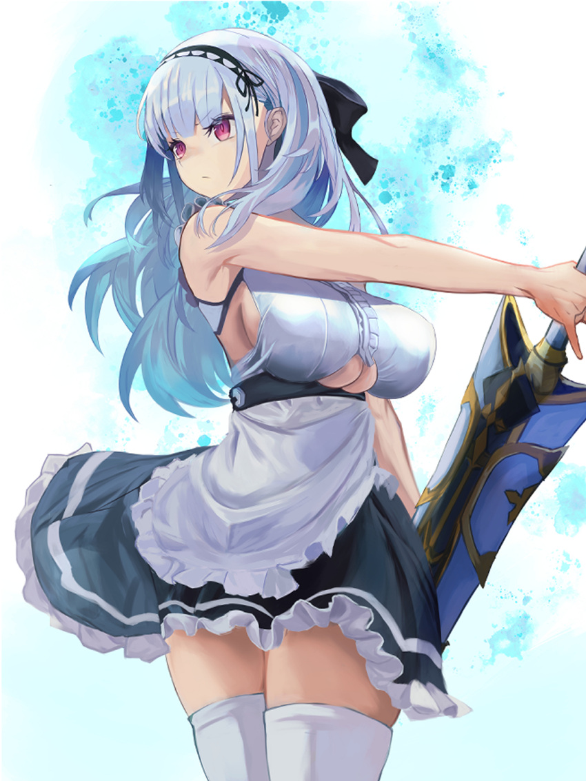 1girl apron azur_lane black_skirt blue_hair breasts clothing_cutout cowboy_shot dido_(azur_lane) e_nnihql frilled_apron frills from_below highres holding holding_sword holding_weapon large_breasts long_hair red_eyes simple_background skirt sleeveless solo sword thigh-highs under_boob underboob_cutout weapon white_apron white_legwear