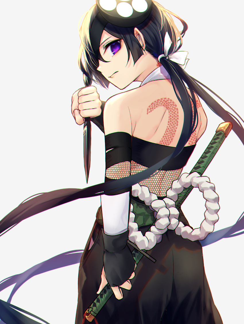 1girl absurdres backless_outfit black_hair eyepatch fate/grand_order fate_(series) from_behind highres kunai long_hair looking_back low_twintails mochizuki_chiyome_(fate) ninjatou short_sword snake_tattoo sword tattoo twintails violet_eyes weapon yuurei447