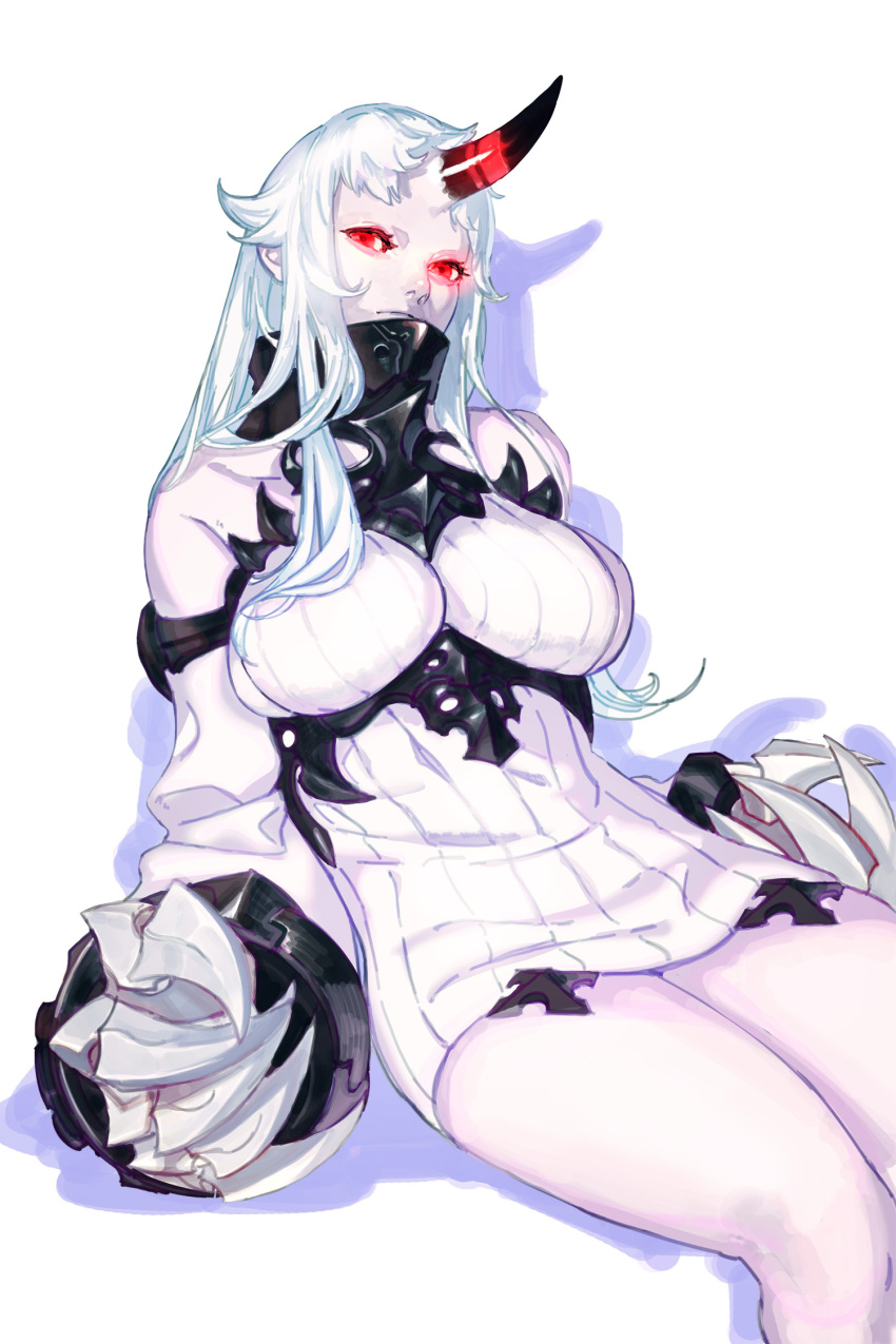 1girl breasts claws dress glowing glowing_eyes head_tilt highres horns kantai_collection large_breasts long_hair looking_at_viewer passimo red_eyes seaport_princess shadow single_horn sitting solo white_background white_dress white_hair