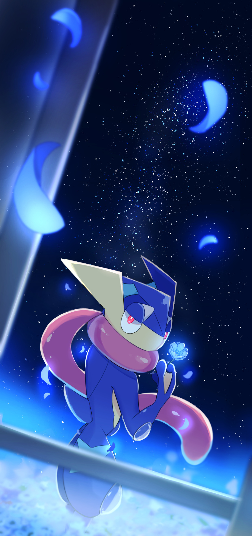 absurdres blue_flower blurry bright_pupils commentary_request falling_petals flower from_behind greninja highres holding holding_flower looking_back night orange_eyes outdoors petals pokemon pokemon_(creature) ruchino_(riraga) sky solo star_(sky) white_pupils