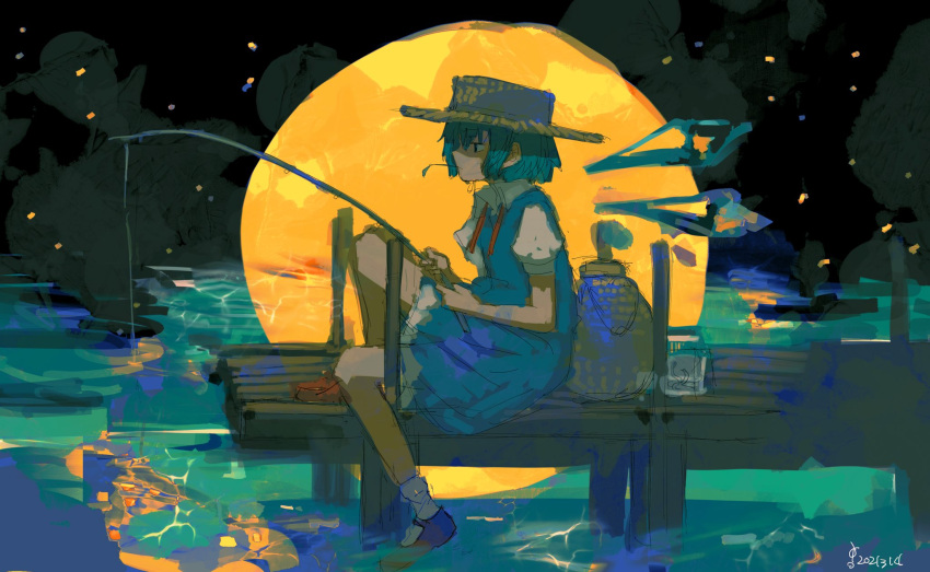 1girl bag batsu_koseidai blue_dress blue_footwear blue_hair cirno collared_shirt commentary dated dress fishing fishing_rod full_moon hat highres ice ice_wings mary_janes moon mouth_hold one-hour_drawing_challenge pier protected_link puffy_short_sleeves puffy_sleeves red_ribbon ribbon shirt shoes short_hair short_sleeves sitting socks solo stalk_in_mouth straw_hat touhou water white_legwear white_shirt wings