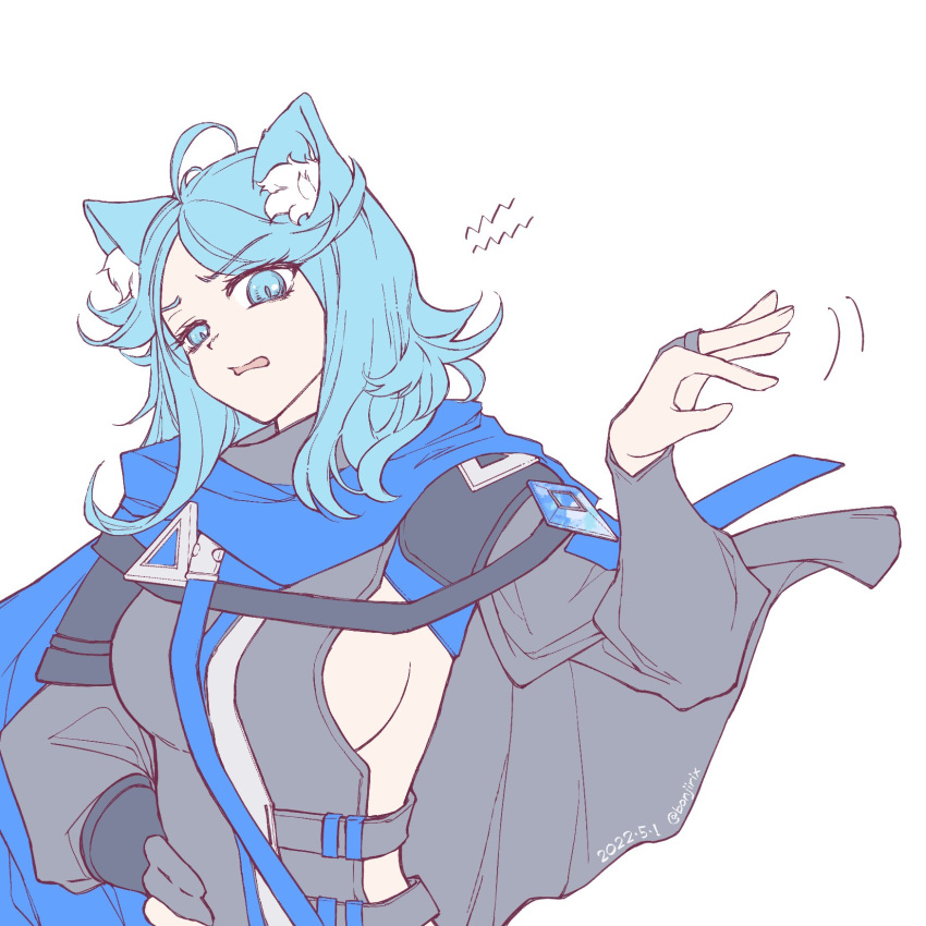 1girl ahoge animal_ear_fluff animal_ears arknights bangs belt black_cape black_gloves blue_eyes blue_hair blue_scarf bonjirix breasts cape cat_ears dated eyebrows_visible_through_hair gloves hand_on_hip highres large_breasts long_hair midriff_peek monique_(arknights) motion_lines open_mouth parted_bangs partially_fingerless_gloves scarf sideboob simple_background solo twitter_username upper_body v-shaped_eyebrows white_background
