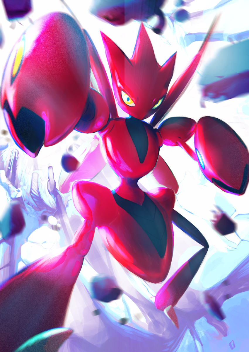 absurdres blurry commentary_request gen2_(gengorokickmast) highres horns legs_apart looking_at_viewer motion_blur no_humans pincers pokemon pokemon_(creature) scizor solo yellow_eyes
